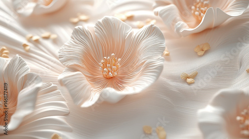 A realistic 4K 3D background showcases botanical inspirations with delicate white flowers and subtle details creating a serene and elegant visual texture art.