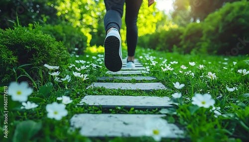 Person walking on a paved path amidst flowers in a park