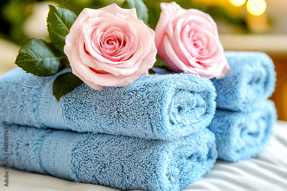 Soft blue towels neatly rolled with two pink roses placed on top, creating a fresh and relaxing spa-like atmosphere. Soft blue towels neatly rolled with two pink roses placed on top, creating a fresh and relaxing spa-like atmosphere.
