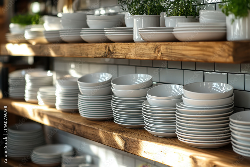 Plates and bowls neatly arranged on shelf.