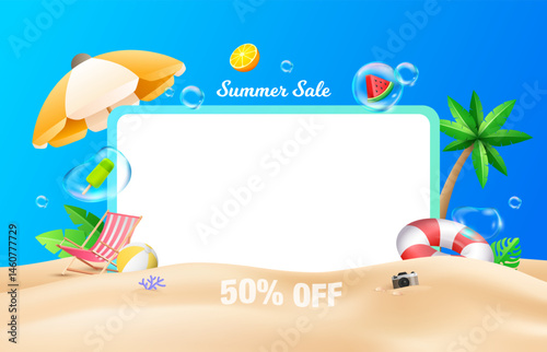 Summer holiday frame design with 3d elements and bubble in beach background. Summer sale design banner template.