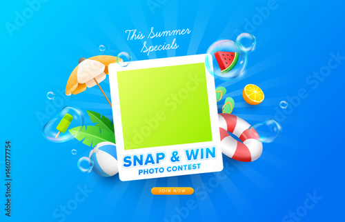 Summer snap and win photo contest with cute summer elements, bubbles and blue burst background. Summer holiday sale promo banner.