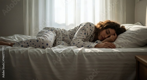 Woman Sleeping Peacefully in Bed Wearing Pajamas with Star Pattern