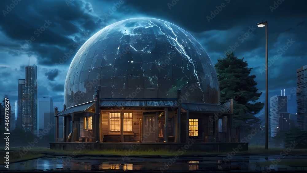 Obraz premium ゲーム背景 雷の荒天時にあるドーム型の変わった家屋がある風景