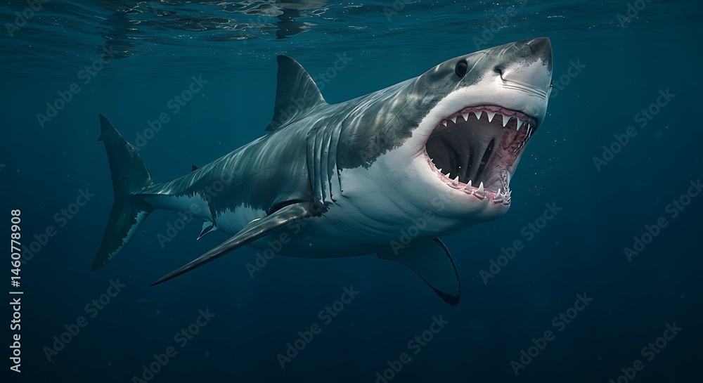 Naklejka premium Ocean's Apex Predator: A Great White Shark's Underwater Majesty AI Generated