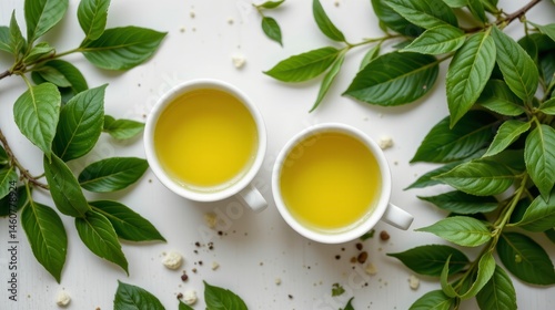 Wallpaper Mural Freshly Brewed Green Tea in White Cups Surrounded by Lush Green Tea Leaves on Bright Background Torontodigital.ca