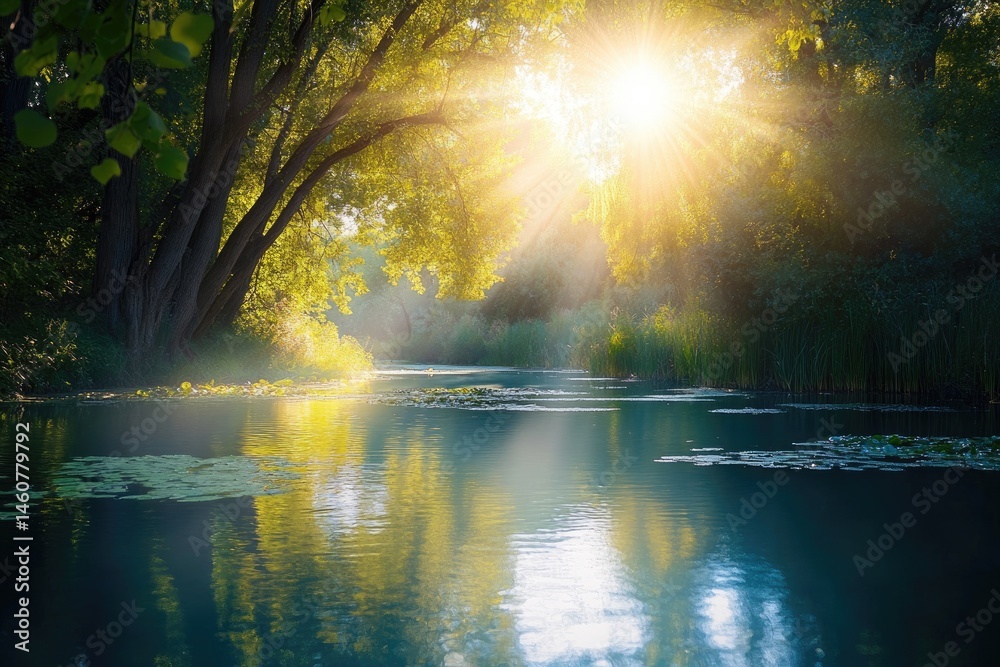 Sunlit River Through Lush Forest Sunlit River Through Lush Forest