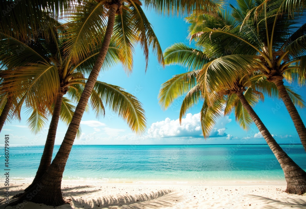 Fototapeta premium Tropical beach with palm trees and clear blue ocean under a sunny sky
