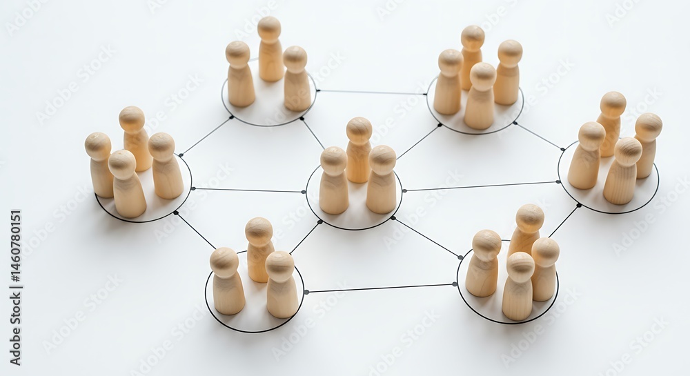 Fototapeta premium Wooden Peg Figures Connected by Lines Representing Social Network and Community