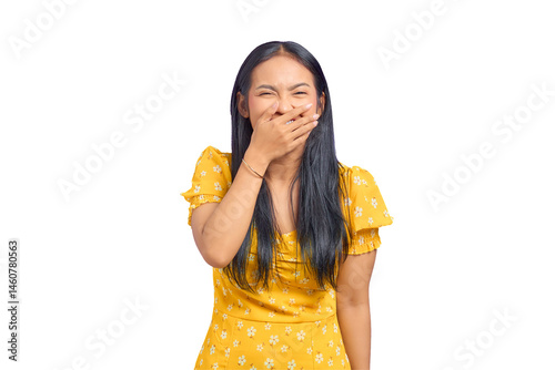 Portrait of laughing young Asian woman covering mouth with hand isolated on transparent background