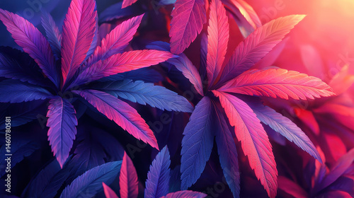 A vibrant 4K 3D background showcasing colorful foliage with realistic textures and side angle view, illuminated by a stunning blend of blue, pink, and red hues.