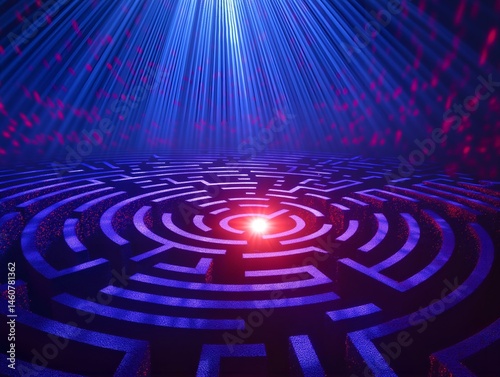 glowing labyrinth, blue and purple lights, dramatic lighting, central light source, circular maze