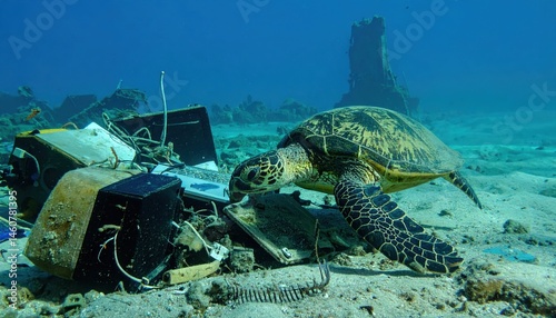 Sea turtle exploring discarded electronic waste on ocean floor with sunken structures in background, emphasizing marine pollution
