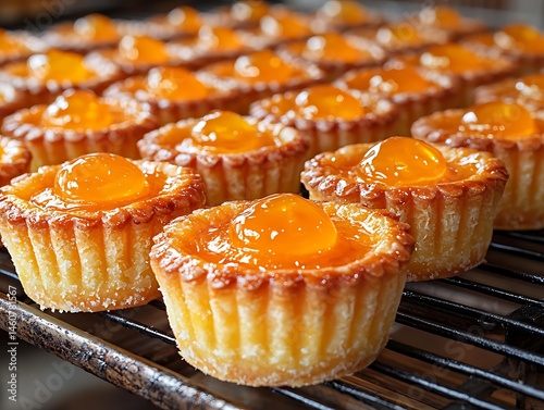 Golden, glistening mini tarts filled with vibrant orange preserve photo