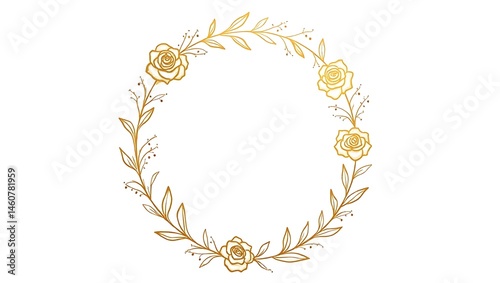 Fototapeta Naklejka Na Ścianę i Meble -  Elegant Gold Floral Circle Frame Vector Illustration with Delicate Roses, Leaves, Round Border, Botanical Design Element