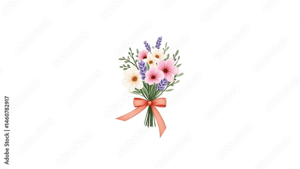 Obraz premium A floral bouquet of colorful flowers with a pink ribbon bow, perfect for a spring gift or holiday celebration