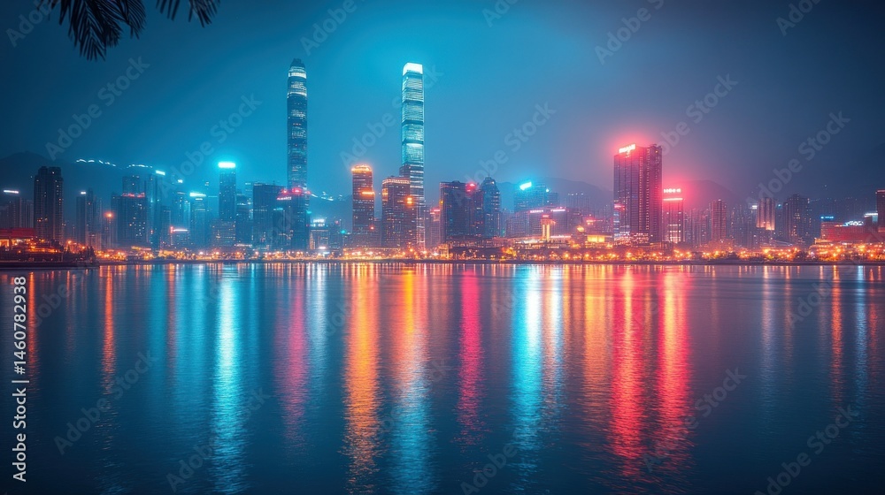 Fototapeta premium Illuminated cityscape reflected on a calm body of water at night in Hong Kong