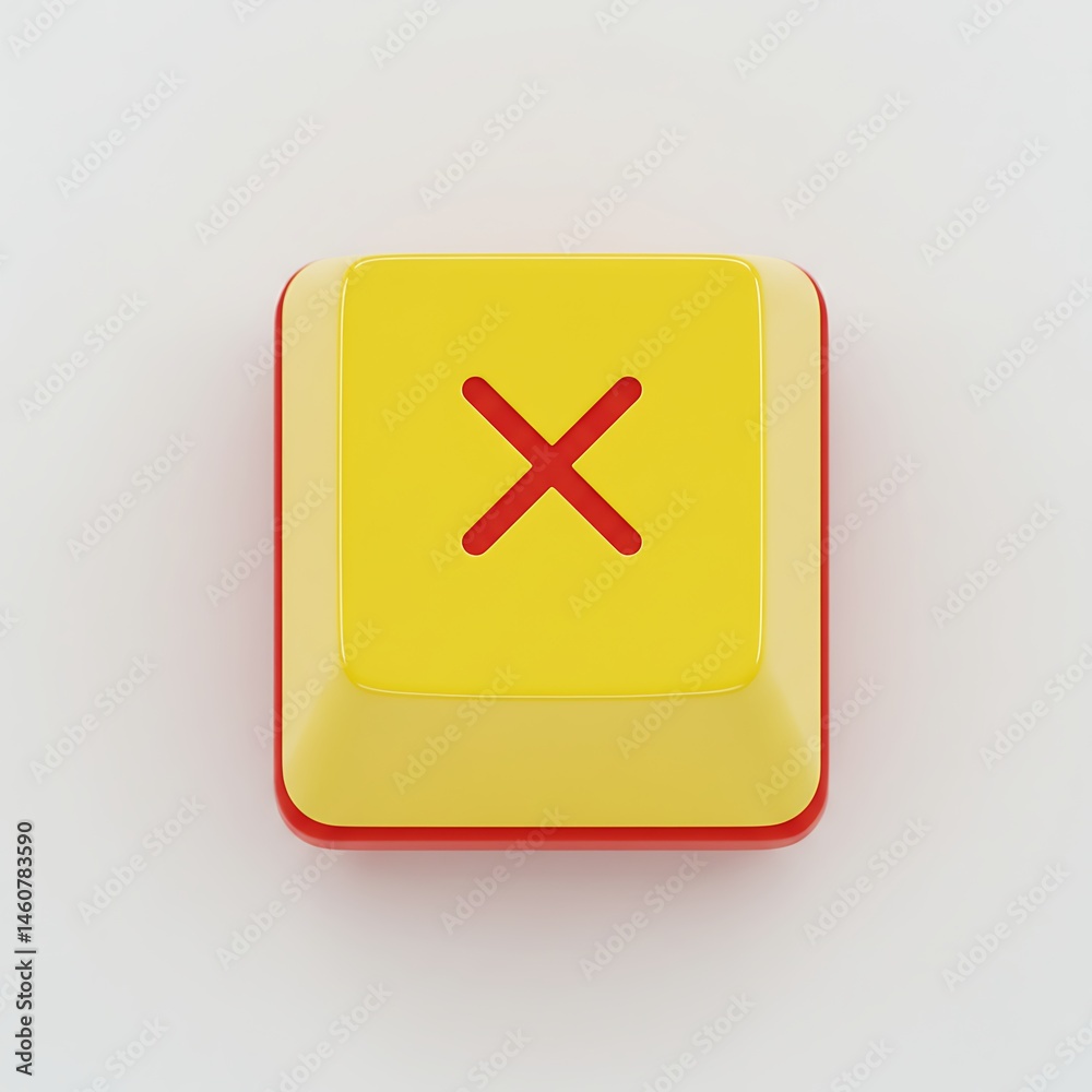 Obraz premium Bright Yellow Square Key with Red Cross Mark on Clean Background