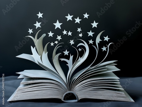 open book, stylized stars, dark background, fantasy, magical book, enchanting illumination