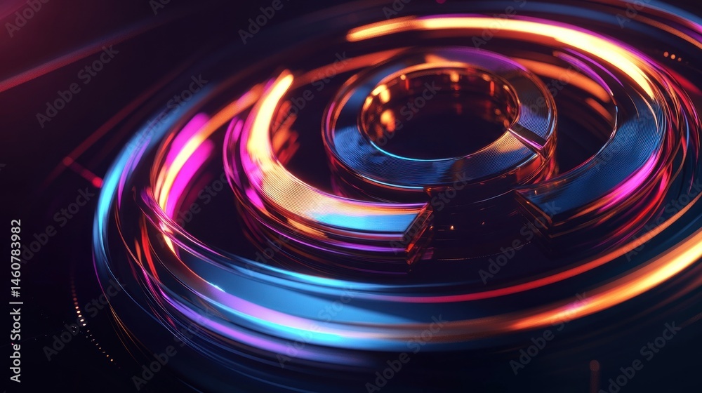 Abstract, circular, metallic forms with vibrant, glowing neon colors.  Dynamic, technological, futuristic design.  Concentric circles, reflective surfaces.