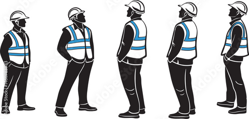 Construction Workers in Safety Vests and Hard Hats Standing in Line