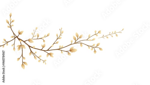 Golden Budding Branch: Elegant Spring Leaves Illustration