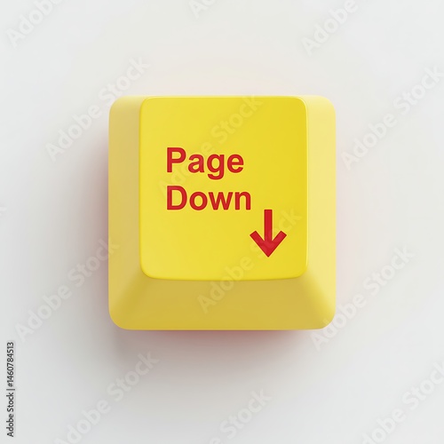 Close-up of yellow computer keyboard key: Page Down functionality symbol