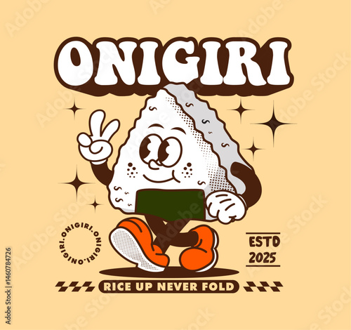 Retro onigiri cartoon character with a playful, colorful design. Perfect for T-shirts, posters, stickers, and more. Japanese food culture. Vector illustration