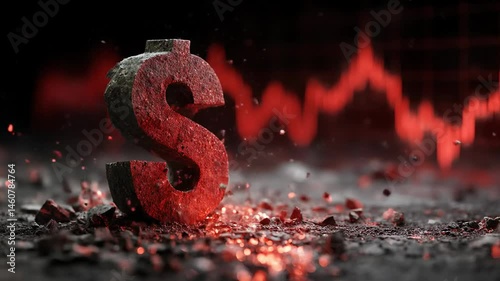 Dollar sign crumbling in flames highlighting financial crash