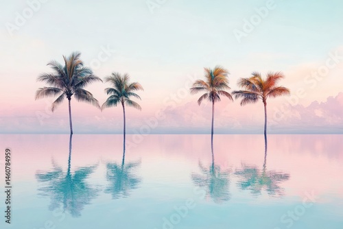 Dreamy pastel scene with palms mirrored in still ocean water, minimal horizon line