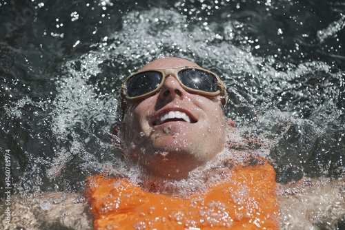Man in Life Vest, Splashing Water
