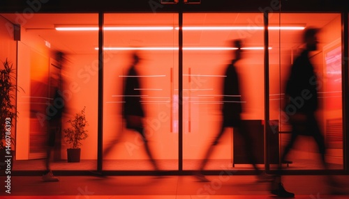 People walking through glass doors at night