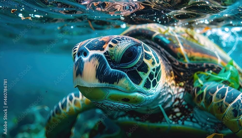 Fototapeta premium Close-up view of a green sea turtle swimming gracefully underwater with soft sunlight filtering through the water surface