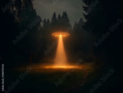 ufo in forest, night scene, orange light beam, dark trees, mysterious atmosphere, sci fi scene