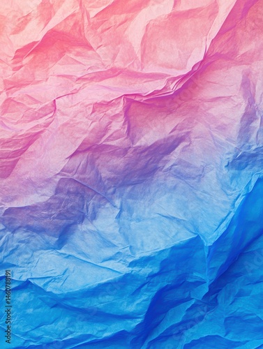 Crumpled paper texture close up in pink and blue gradient light abstract background studio shot for graphic design