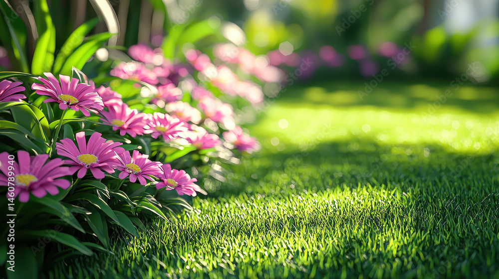Obraz premium Side angle 4K view captures a dreamy 3D garden background with vibrant pink flowers blooming in a realistic and lush green setting, creating a peaceful oasis.
