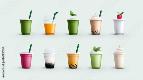 Wallpaper Mural A vibrant display of various bubble tea cups in different flavors and styles including classic green tea fruity mango and creamy milk tea with tapioca pearls Torontodigital.ca