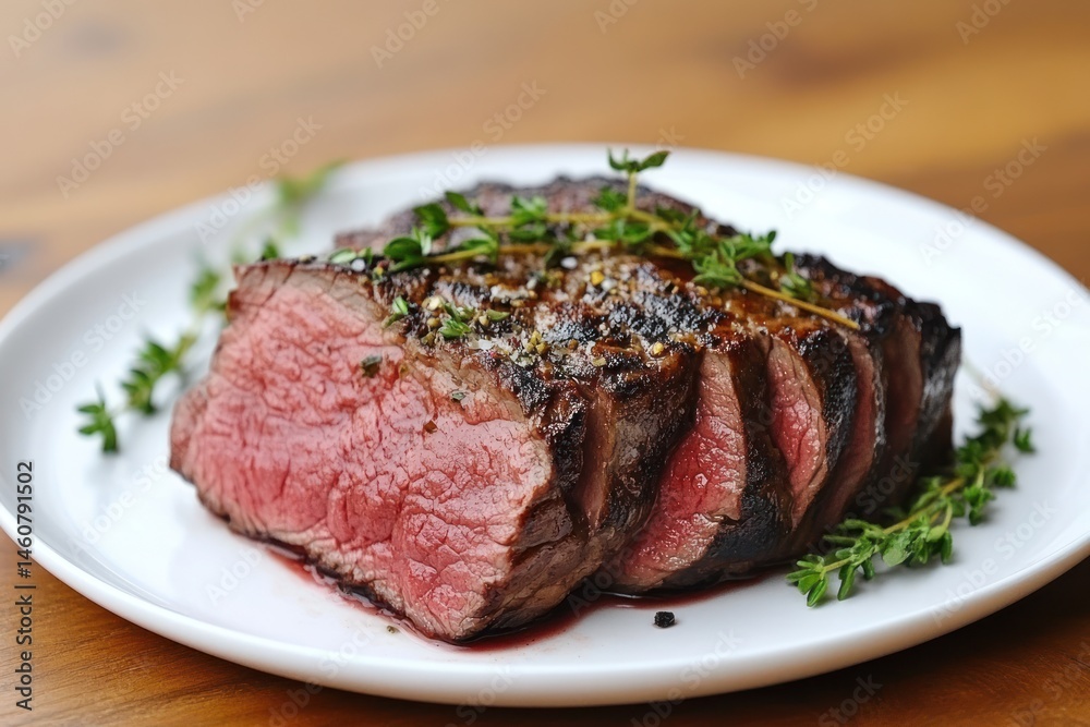 Perfectly cooked beef steak on white plate, chef’s hand garnishing with herbs Perfectly cooked beef steak on white plate, chef’s hand garnishing with herbs
