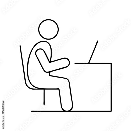 Homework icon with student at desk using laptop in thin line style for education