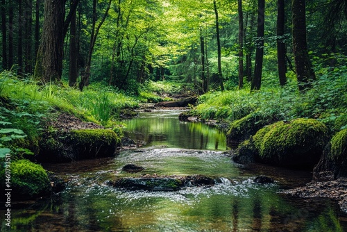 Lush forest stream flowing through verdant undergrowth