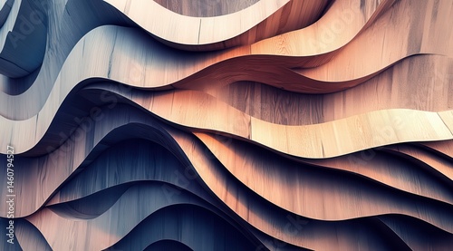 Fototapeta Naklejka Na Ścianę i Meble -  Abstract wavy wood paneling  Layers of light and dark wood create flowing, organic curves  A dynamic, textured surface