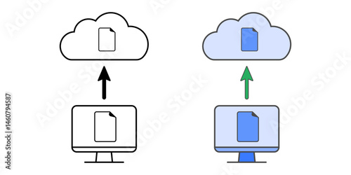 Cloud backup for files icon – a document uploading from a computer to cloud storage, representing secure file syncing and online data backup.