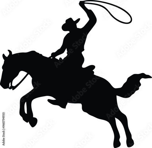 Cowboy Silhouette on Rearing Horse with Lasso - Wild West Vector Art