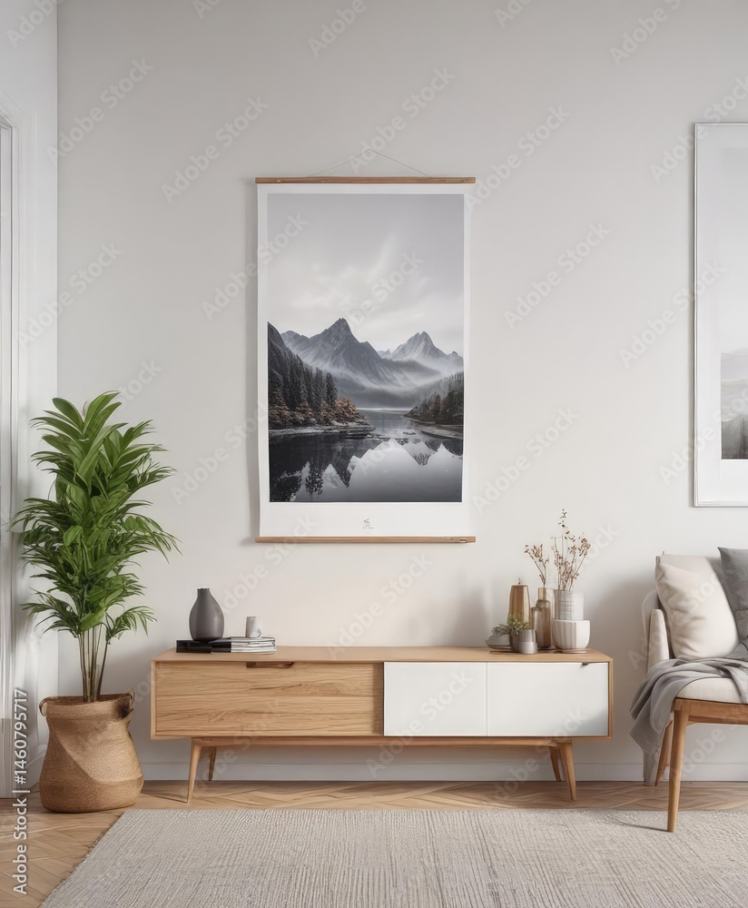 Fototapeta premium Modern living room, poster mockup on white wall, wooden clips, house, visual