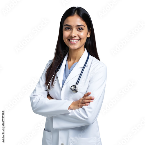 Young female nurse posing thoughtfully, Wearing medical uniform and stethoscope, Studio portrait on white background, Emphasizing dedication and care in healthcare