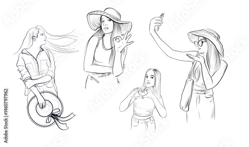 peaceful female traveler with summer hat and wind coloring page vector