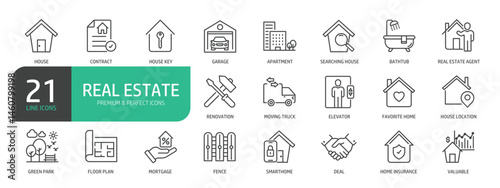 Set of Line Icons Related to Real Estate, Property, Renovation, Buying, Apartment, Renting, House, Home.