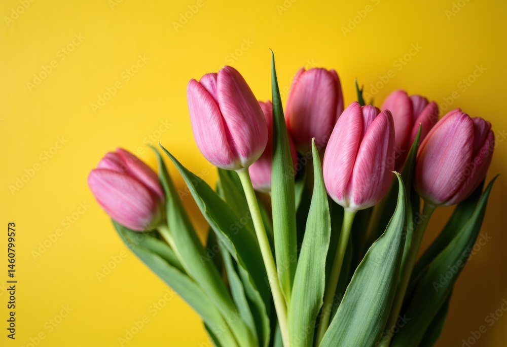 Fototapeta premium Fresh pink tulips arranged beautifully against a vibrant yellow background
