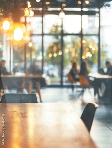 Wallpaper Mural Cafe Interior View with Wood Table and Chairs and People Working in Background at Daytime Blurred Torontodigital.ca