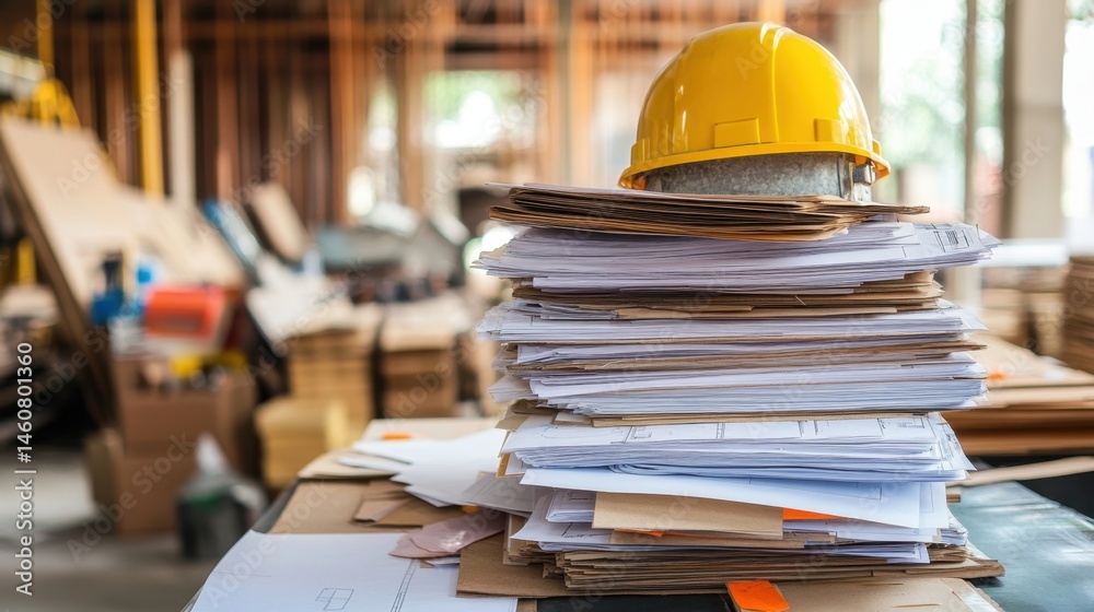 Organized pile of construction permits, approval documents, and building plans on a desktop Organized pile of construction permits, approval documents, and building plans on a desktop